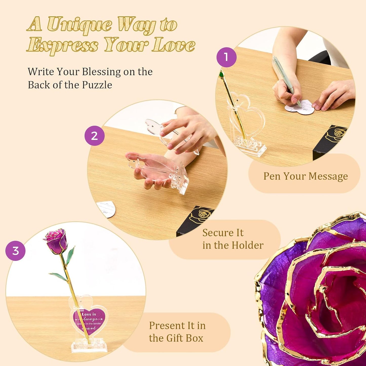 Mikasol Real 24K Gold Dipped Realistic Rose – Timeless Lifelike Bloom with Heart Puzzle Base – Romantic Purple Flower Gift for Her, Wife, Girlfriend, Mom – Birthday, Anniversary, Mother’s Day (Purple)