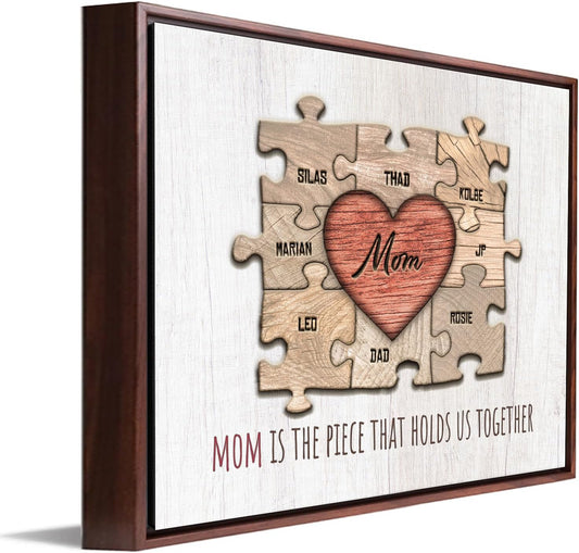 Personal-Prints MOM & Children Personalized HEART Puzzle Wall Art | Unique Customized with up to 8 Names | Mother’s Day, Birthday or Christmas Gift (20"x25" Float Framed Canvas, 8 Children)