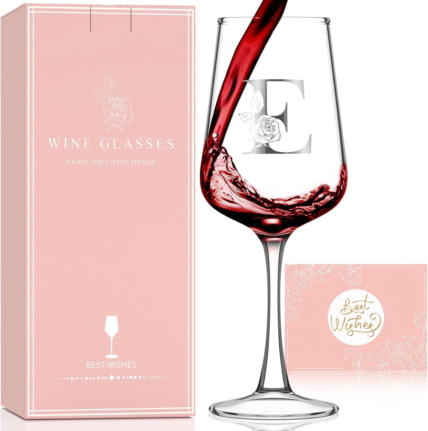 Monogrammed Wine Glass Gifts for Women - Personalized A-Z Wine Glasses with Gift Box & Greeting Card | Custom Mothers day, Anniversary, Birthday Gifts for Her, Mom, Wife, Best Friend, Sister,Woman (E)