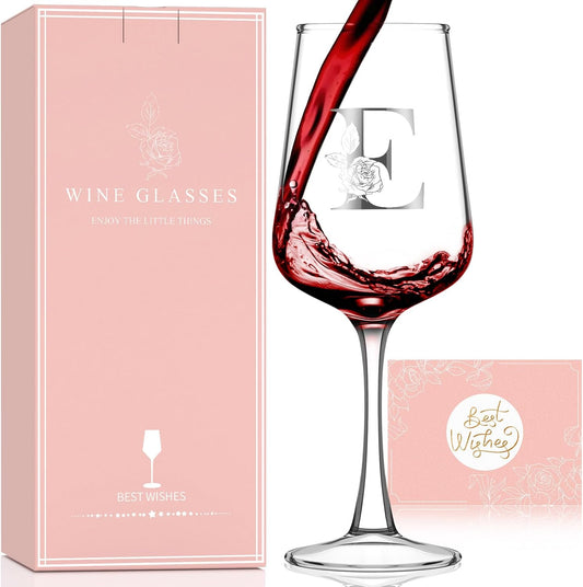 Monogrammed Wine Glass Gifts for Women - Personalized A-Z Wine Glasses with Gift Box & Greeting Card | Custom Mothers day, Anniversary, Birthday Gifts for Her, Mom, Wife, Best Friend, Sister,Woman (E)