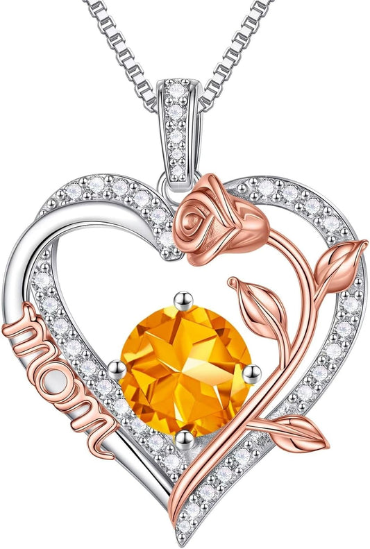 Iefil Gifts for Mom - 925 Sterling Silver Rose Round Birthstone Necklace Christmas Birthday Gifts Jewelry for Her Heart Pendant Necklace for Women Bonus Mom Mother in Law