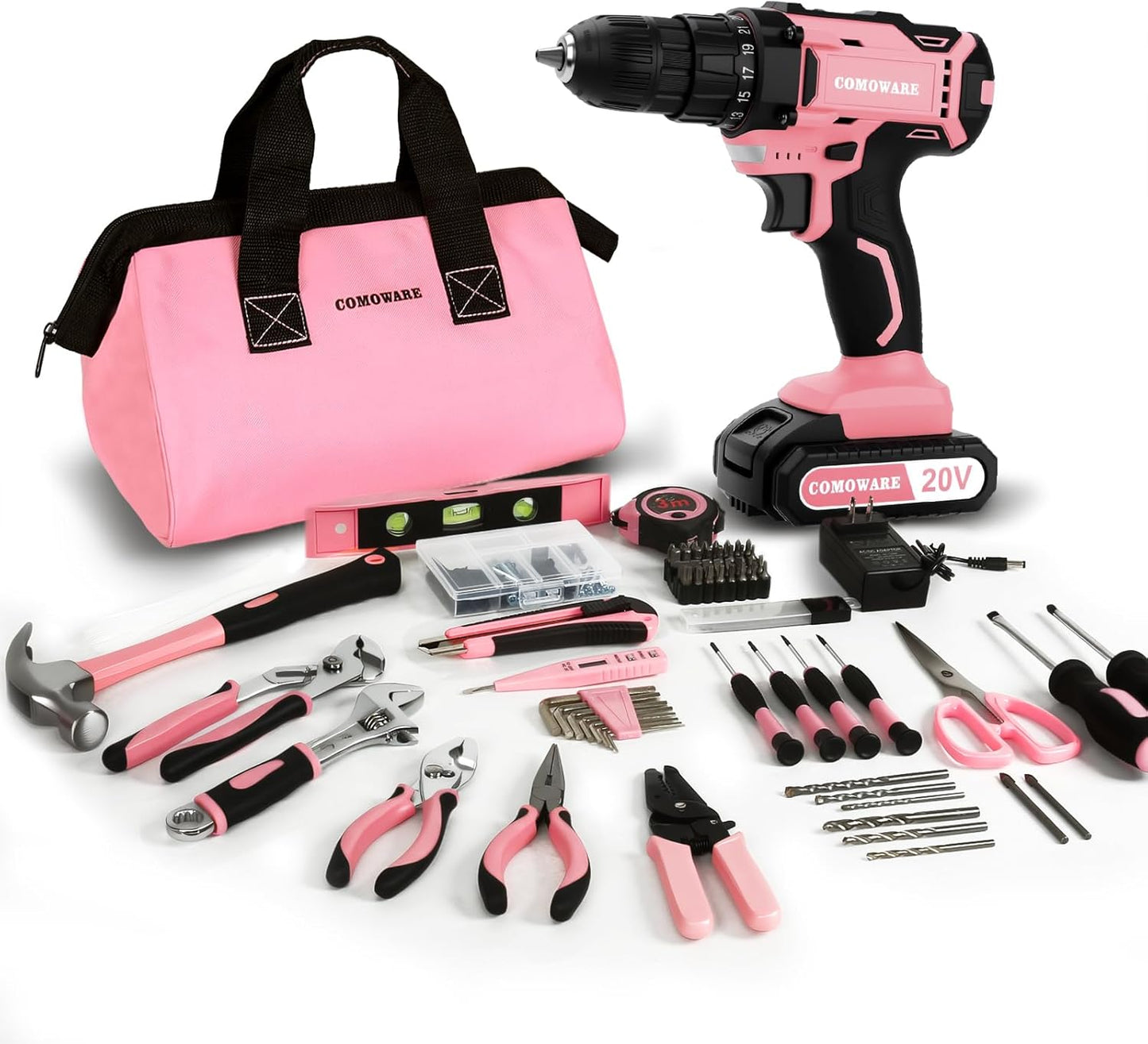 COMOWARE 171Pcs Pink Home Tool Kit with Drill, 20V Cordless Power Drill Combo Set, Complete Household Repair Tools for Men & Women in Garden, Office, DIY Projects