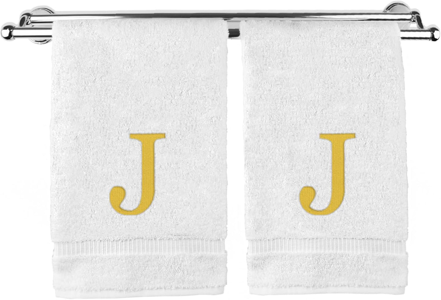 Monogrammed Hand Towel, Personalized Gift, Set of 2- Gold Block Letter Embroidered Towel - Extra Absorbent 100% Turkish Cotton - Soft Terry Finish - Initial J White