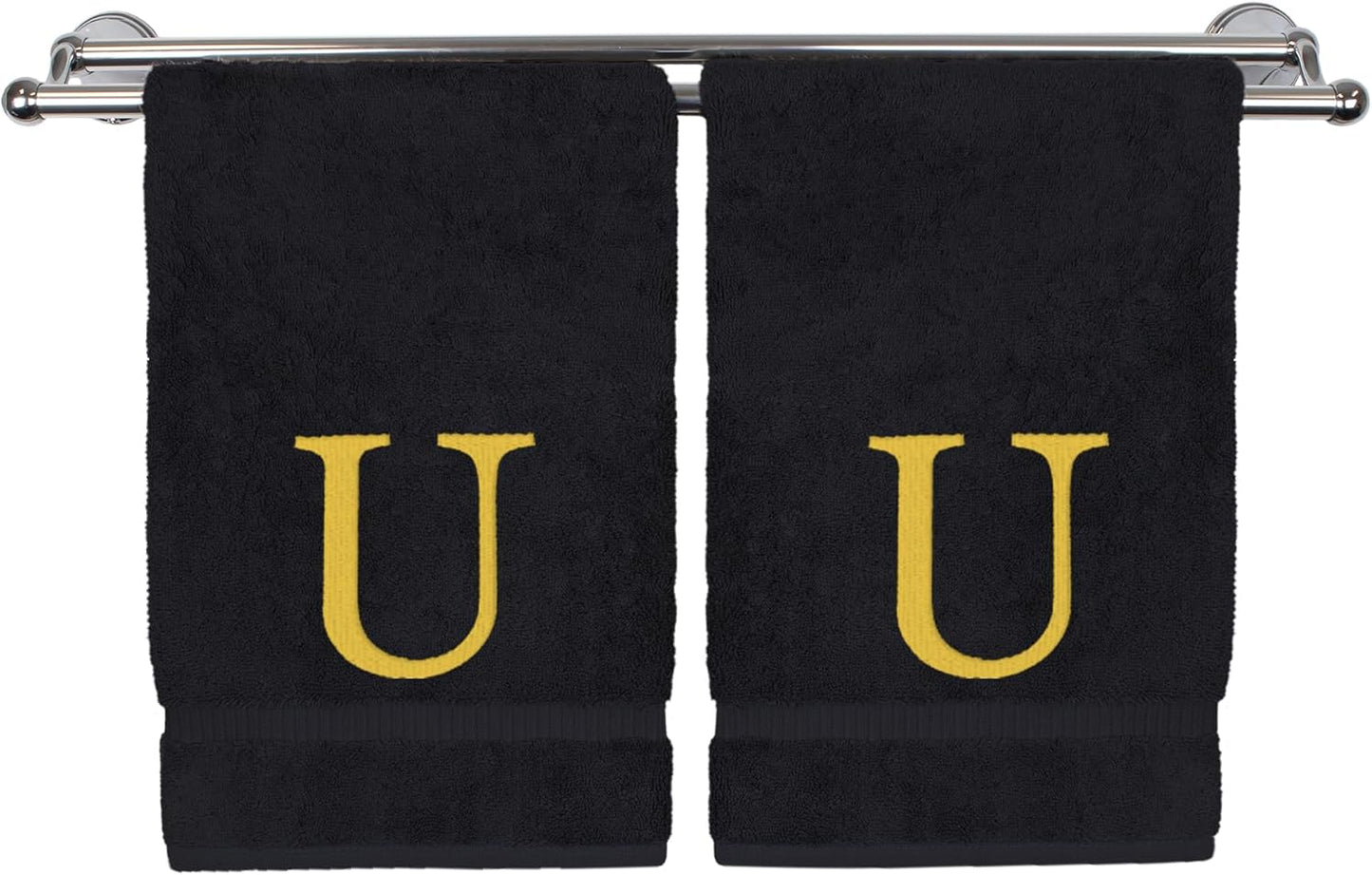 Monogrammed Hand Towel, Personalized Gift, Set of 2- Gold Block Letter Embroidered Towel - Extra Absorbent 100% Turkish Cotton - Soft Terry Finish - Initial U Black