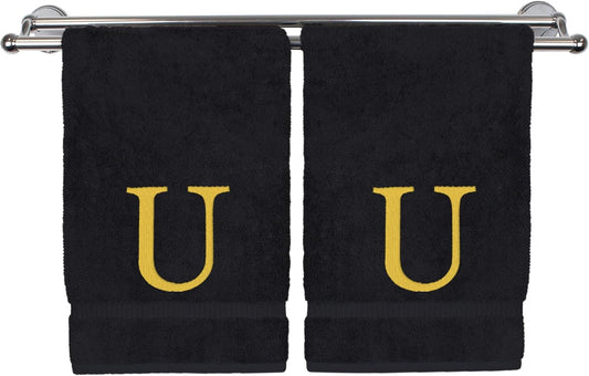 Monogrammed Hand Towel, Personalized Gift, Set of 2- Gold Block Letter Embroidered Towel - Extra Absorbent 100% Turkish Cotton - Soft Terry Finish - Initial U Black