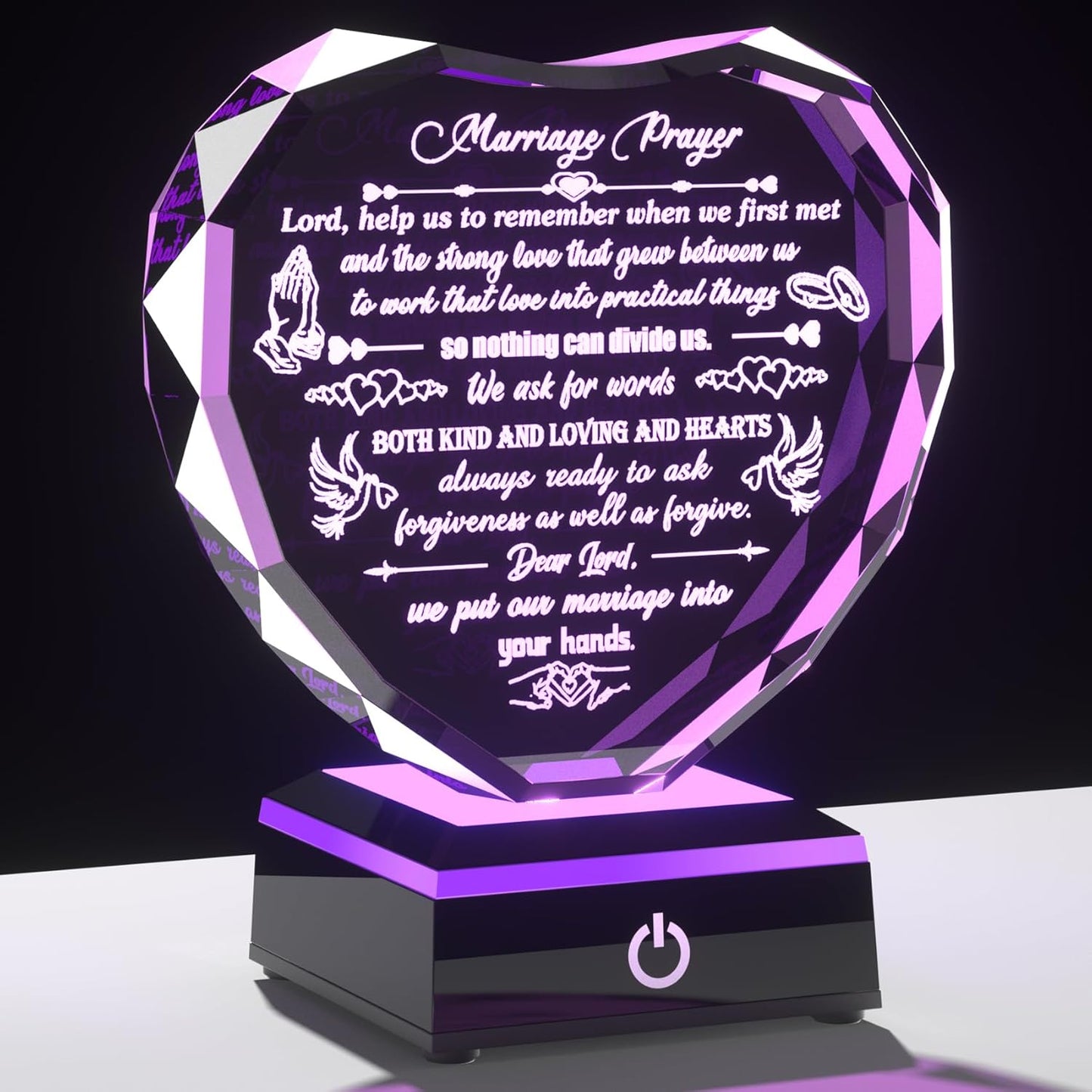 Crystal Marriage Prayer Gifts for Couple Heart-shaped Wedding Keepsake with LED Base for Her Him Romantic Anniversary Plaque for Wife Husband on Valentine's Day Birthday Wedding Engagement