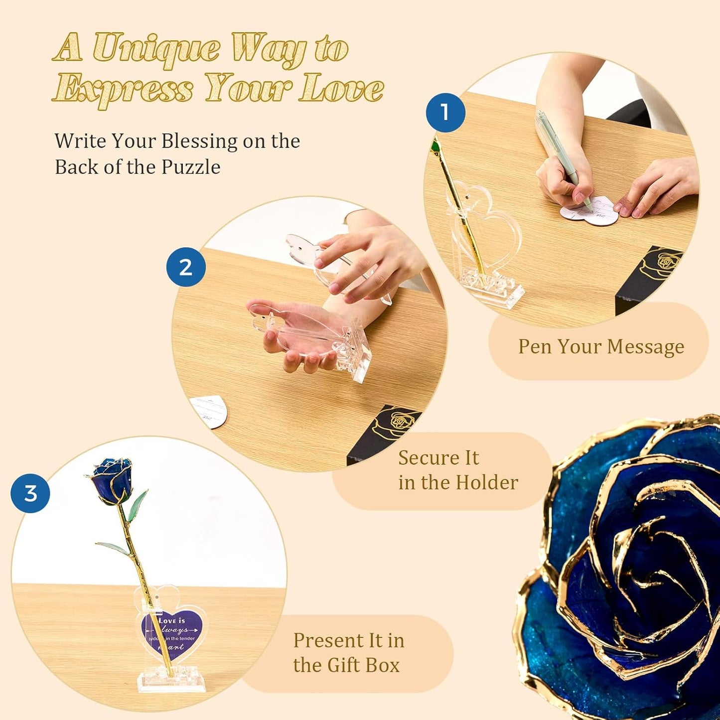 Mikasol Real 24K Gold Dipped Realistic Rose – Timeless Lifelike Bloom with Heart Puzzle Base – Romantic Blue Flower Gift for Her, Wife, Girlfriend, Mom – Birthday, Anniversary, Mother’s Day (Blue)
