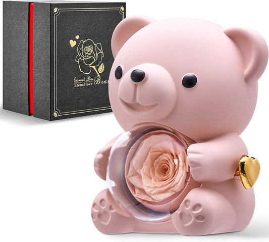 Mikasol Romantic Teddy Champagne Bear with Preserved Rose - Real Rose in Elegant Black Gift Box for Anniversaries, Weddings, Bridal Showers, and Mother's Day