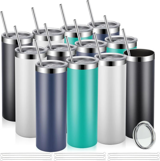 Skinny Tumblers Bulk 20 oz Stainless Steel with Lids and Straws Blank Slim Insulated Cup Double Layer Water Cups for Travel, DIY(White, Black, Navy, Green,12 Pcs)