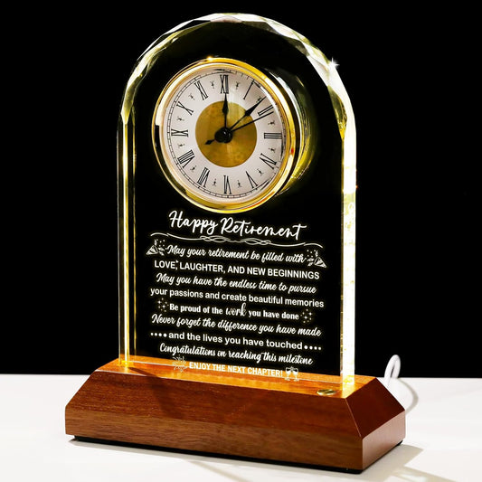 Glass Retirement Clock With Wooden Light Base - Happy Retirement Plaque for Women Men Colleagues Boss Friend - Farewell Gift Idea for Her Going Away - Retired Keepsakes for Teacher Doctor