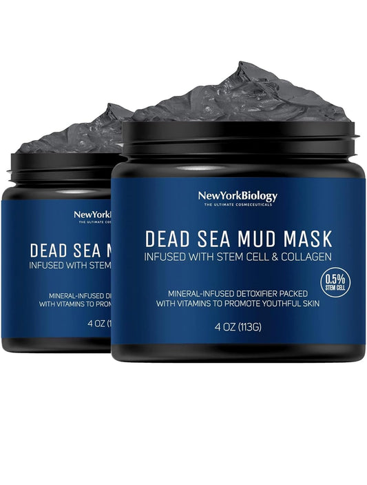 New York Biology Dead Sea Mud Mask for Face and Body with Stem Cell and Collagen - Spa Quality Pore Reducer for Acne, Blackheads and Oily Skin, Natural Skincare - Tightens Skin - 4 oz - Pack of 2