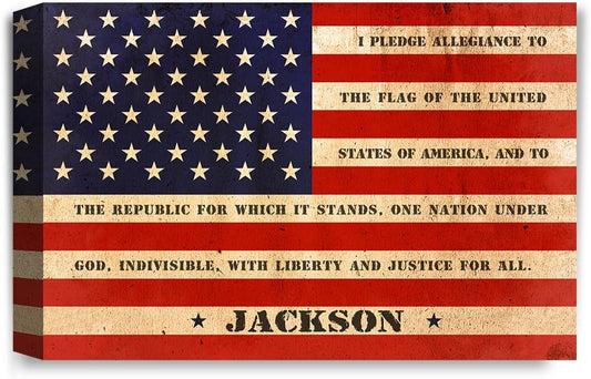 IPIC - American Flag, Personalized Canvas print with Family Name and Oath, Custom Canvas Wall Art for Independent Day, Thanksgiving and Christmas. 24x16