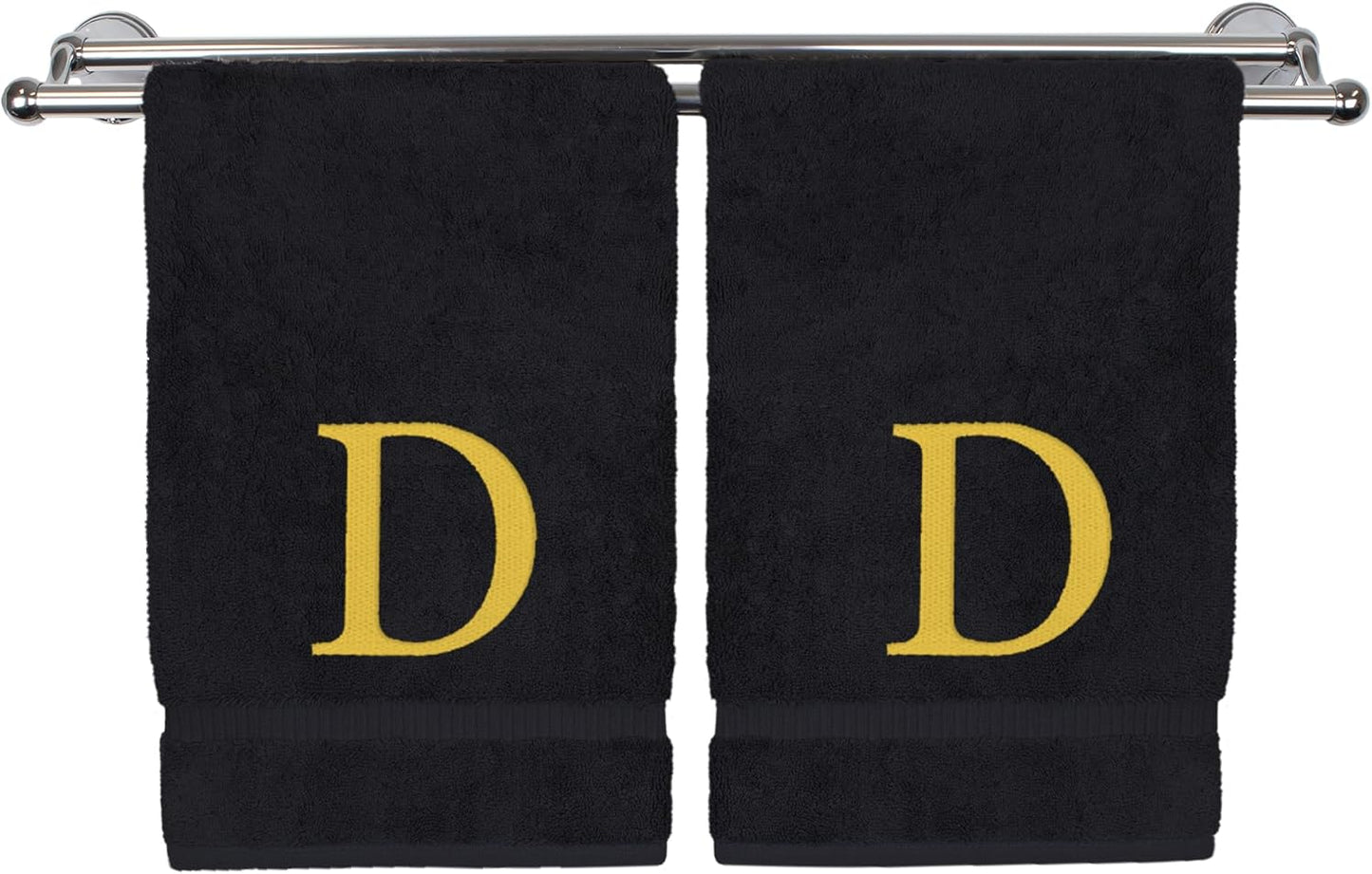 Monogrammed Hand Towel, Personalized Gift, Set of 2- Gold Block Letter Embroidered Towel - Extra Absorbent 100% Turkish Cotton - Soft Terry Finish - Initial D Black