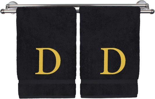Monogrammed Hand Towel, Personalized Gift, Set of 2- Gold Block Letter Embroidered Towel - Extra Absorbent 100% Turkish Cotton - Soft Terry Finish - Initial D Black