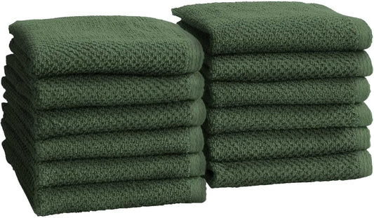 Green Washcloth- 100% Cotton 12-Pack 13x13 Wash Cloth - Absorbent, Quick-Drying, Durable Face Towels for Bathroom Decor - Low-Twist, Two-Ply Fibers (Forest Green)