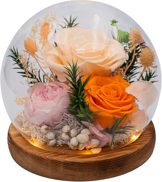 Eternal Flowers for Decoration: Preserved Flowers in Glass Dome, Unique Forever Flowers Gift for Her BBF – Perfect Decorative Flowers for Home Décor - Flowers for Delivery Prime (Champagne)