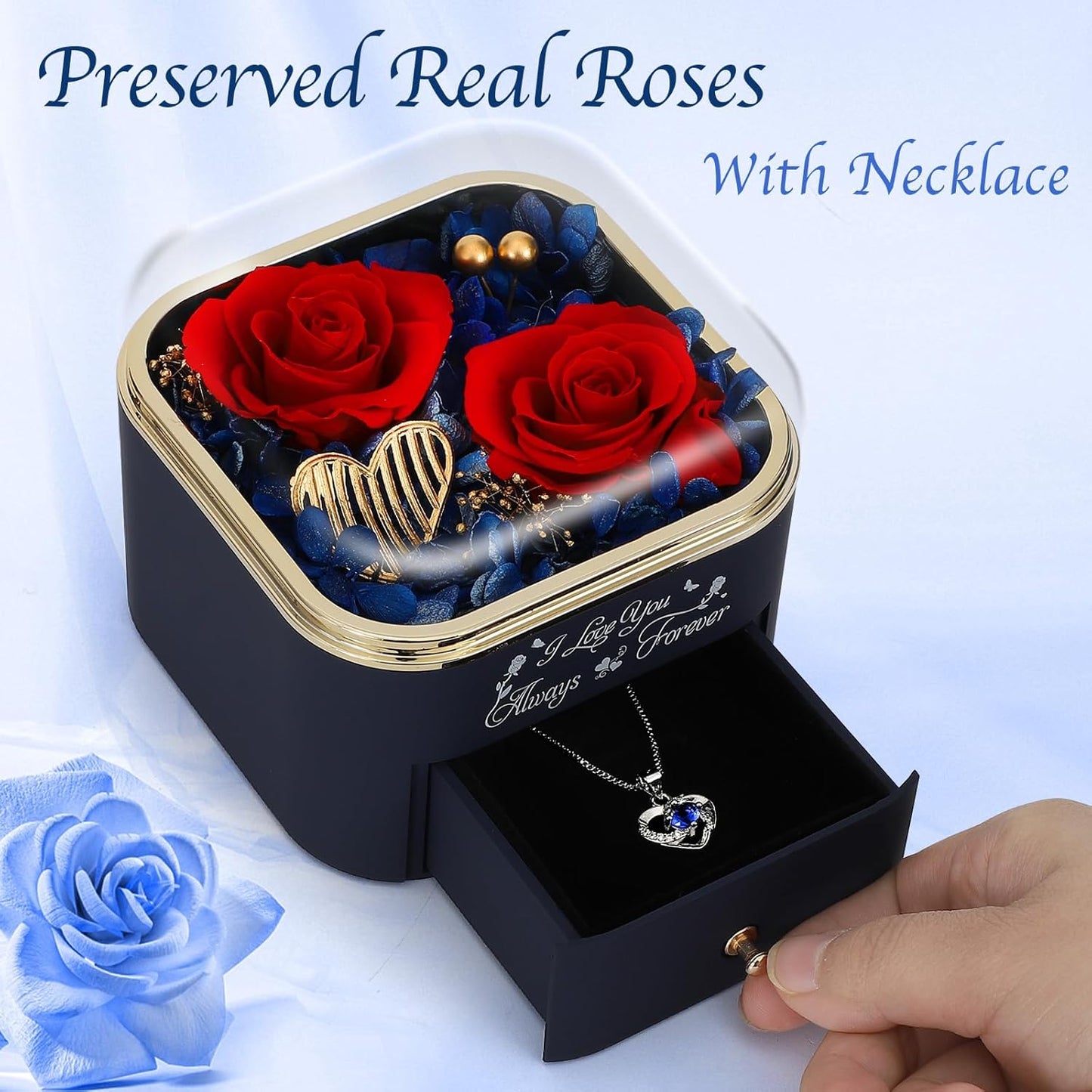 Preserved Roses Jewelry Box with Heart Necklace - Eternal Rose & ‘I Love You Always & Forever’ Engraving - Luxury Gift for Mom, Wife, or Grandma on Mother’s Day