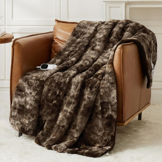 Homemate Heated Blanket Electric Throw - 50"x60" Heating Blanket Throw 1/2/4/6/8 Hours Auto-Off 10 Heat Levels Over-Heat Protection Luxury Faux Fur Sherpa ETL Certification