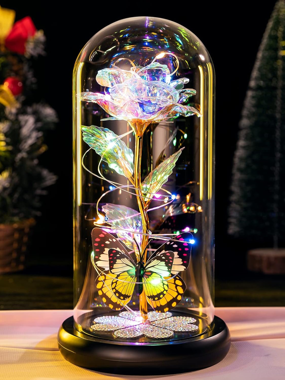 Birthday Gifts for Women Mom, Galaxy Glass Rose Forever Eternal Crystal Flower Light Up Rose in Glass Dome with Butterfly Mothers Day Christmas Rose Gifts for Her Wife Daughter Friends Colorful
