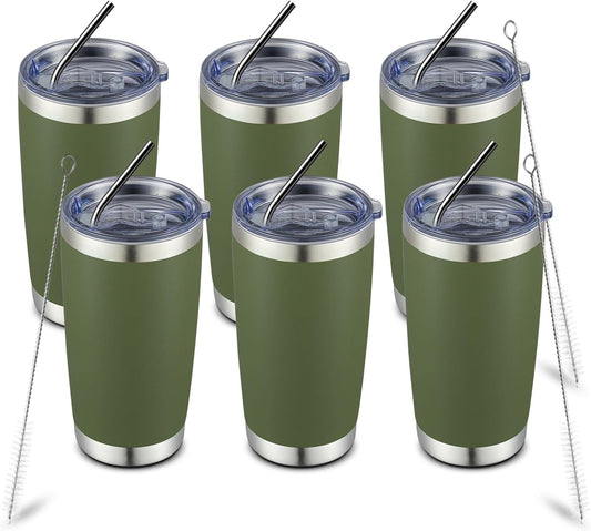 COMOOO 20oz Double Wall Vacuum Insulated Travel Mug, Stainless Steel Tumbler with Lid and Straw Durable Powder Coated Insulated Coffee Cup for Cold & Hot Drinks（Army Green, 6 Pack）