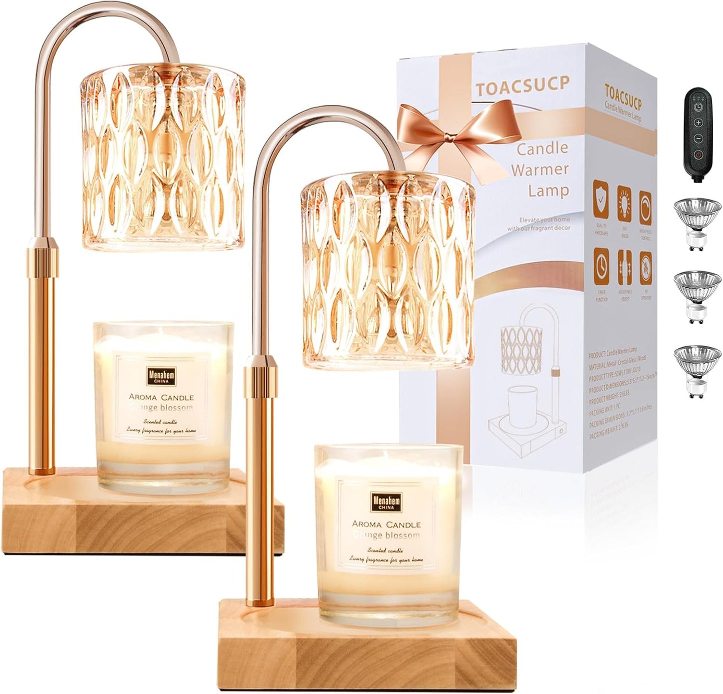 Candle Warmer Lamp with 3 Bulbs, Adjustable Height Dimmable Candle Warmer with Timer, Compatible with Large Jar Candles, Candle Lamp with Charming Gift Box Ribbon for Her/Him(2 Pack)