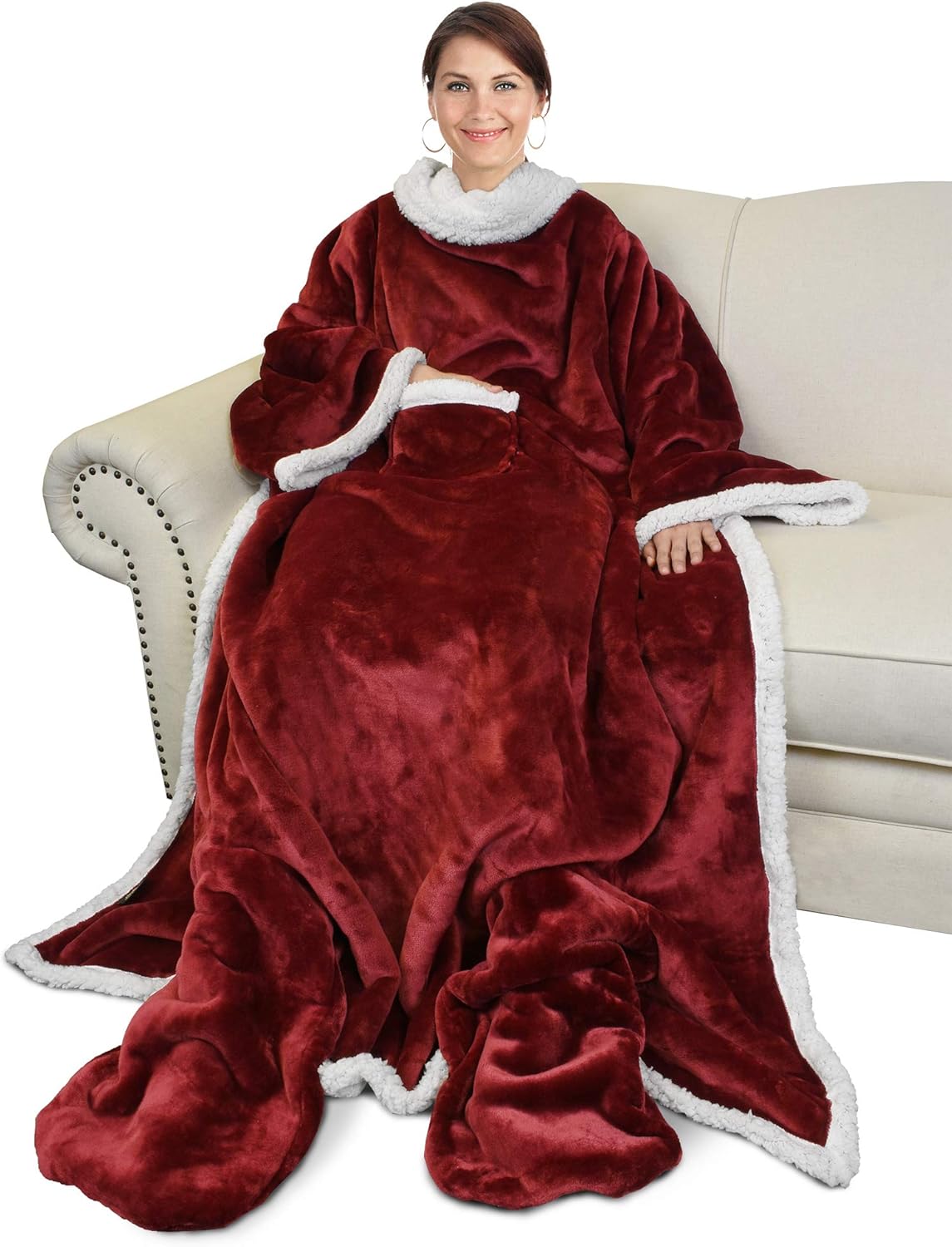Catalonia Sherpa Wearable Blanket with Sleeves & Foot Pockets for Adult Women Men, Comfy Snuggle Wrap Sleeved Throw Blanket Robe, Gift Idea, Wine