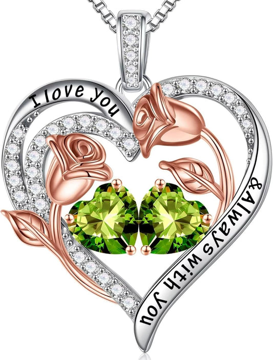 Iefil Birthstone Necklace for Women - 925 Sterling Silver Rose Heart Birthstone Necklace Birthday Anniversary Jewelry Gifts for Her Wife Mom Daughter