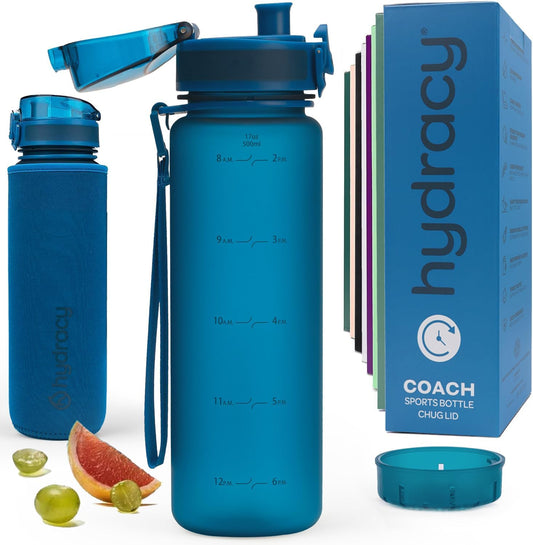 Hydracy Water Bottle with Time Marker -Large BPA Free Water Bottle & No Sweat Sleeve -Leak Proof Gym Bottle with Fruit Infuser Strainer & Times to Drink -Ideal for Fitness Sports & Outdoors