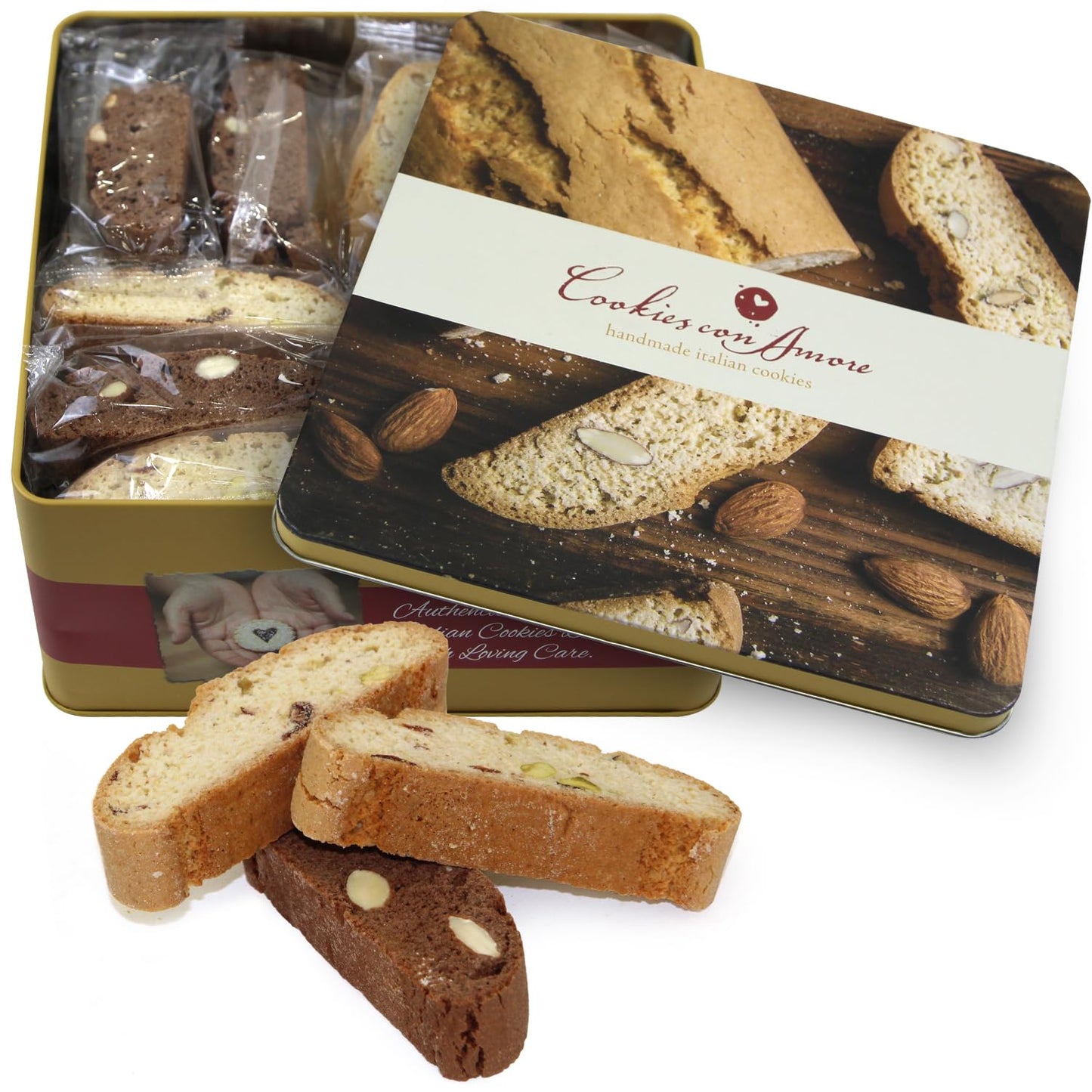 Italian Biscotti Cookie Gift Box, 2lb Square Tin of Individually Wrapped Gourmet Biscotti - Authentic Italian Cookies for Gifting, Coffee Pairing, and Elegant Celebrations