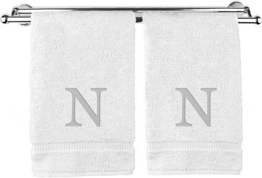 Monogrammed Hand Towel, Personalized Gift, Set of 2- Silver Block Letter Embroidered Towel - Extra Absorbent 100% Turkish Cotton - Soft Terry Finish - Initial N White