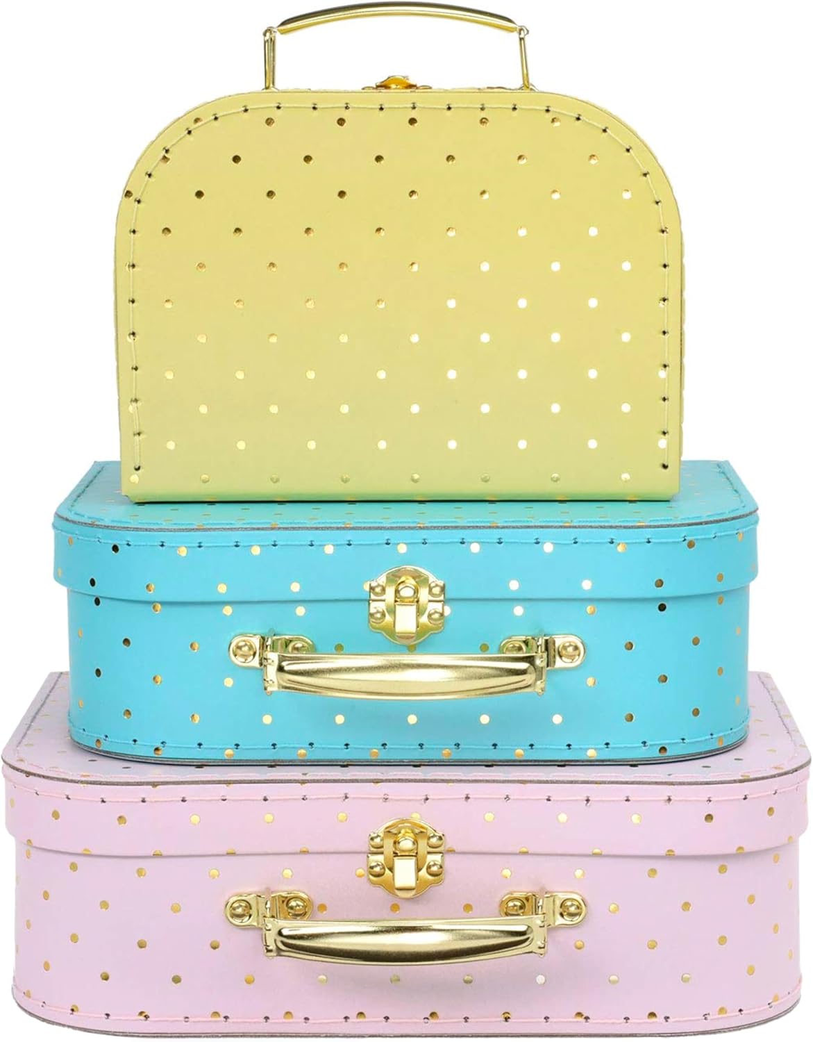 Jewelkeeper Decorative Storage Boxes Set of 3 - World Map Mini Suitcase Style Cardboard Suitcase with Brass Clasps and Handle - Ideal for Travel Decor, Event Props and Gift Presentation