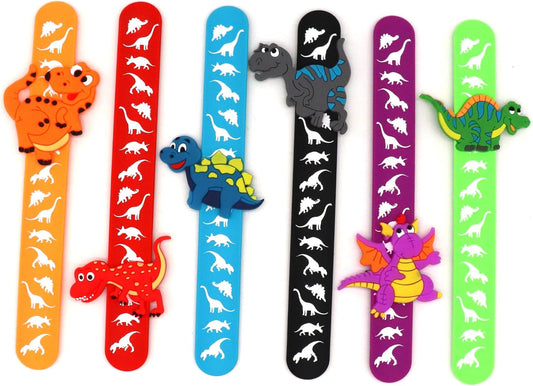 LOCHSOEL Dinosaur Slap Bracelets for Kids - Silicone Wristbands Adjustable Party Favors,Classroom Prizes,Carnival Games Birthday Gifts for Boys & Girls (6Pack)