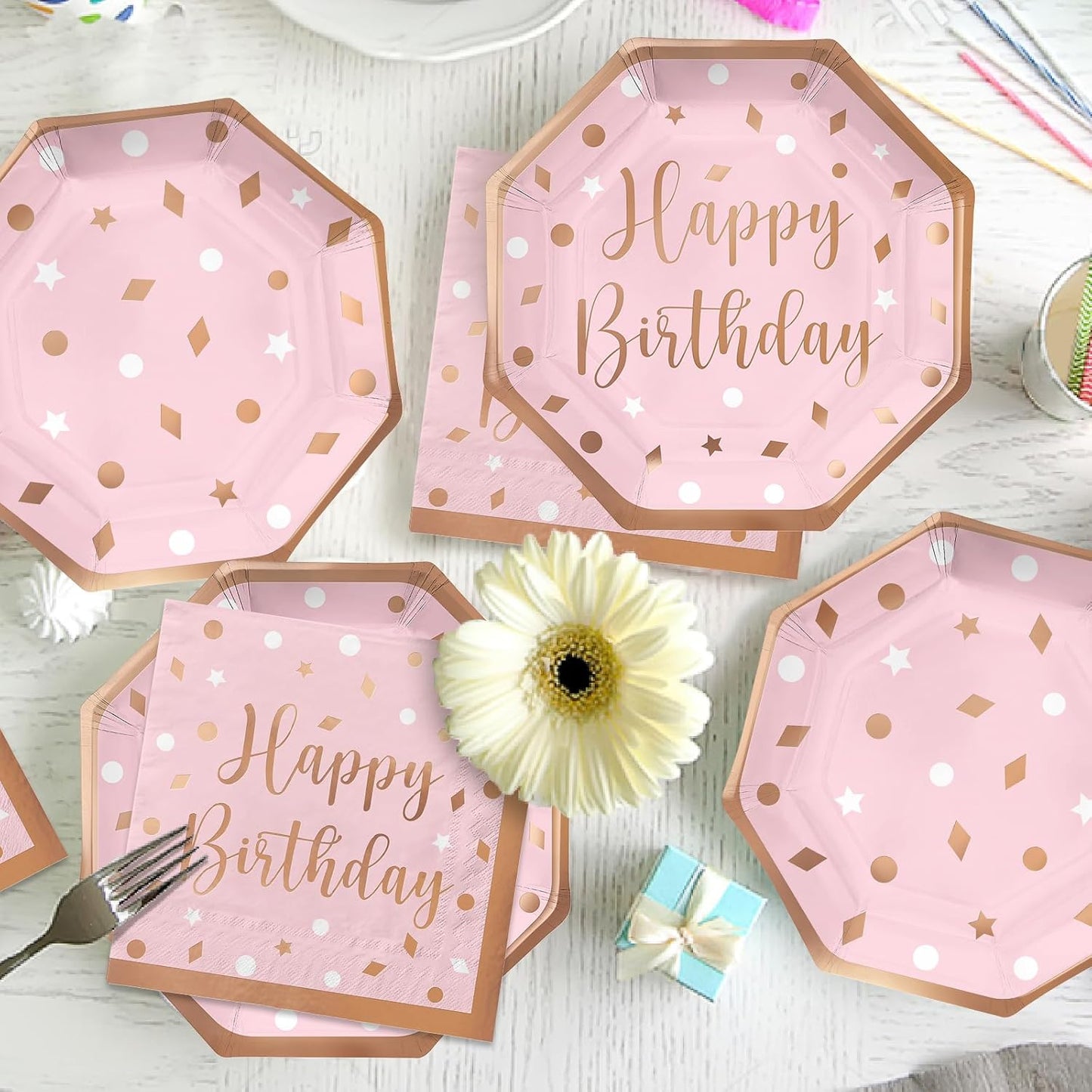 Rose Gold Birthday Party Supplies - Disposable Paper Plates, Napkins, Cups, Tablecloth & Banner for Girl/Women Celebration, Serves 25 - Decorate with Our Rose Gold Plates and Napkins Set