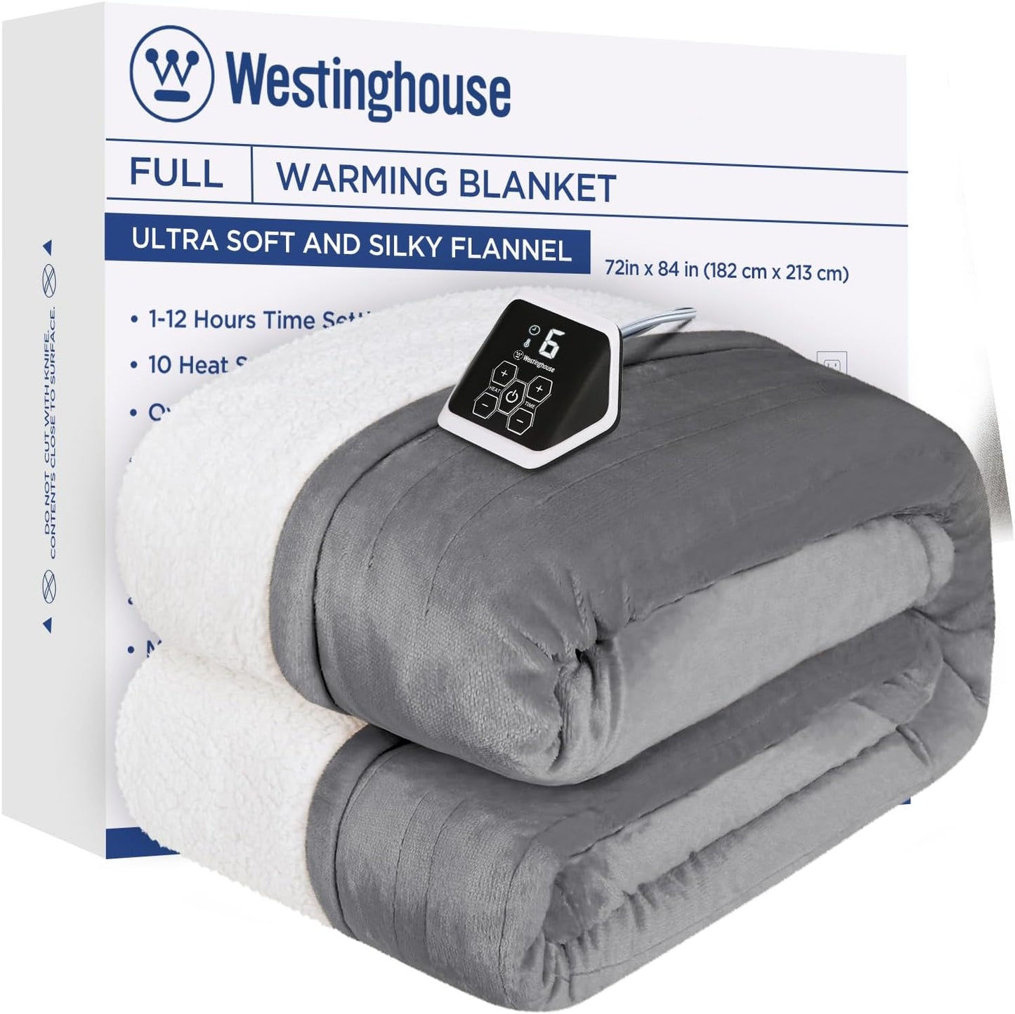 Westinghouse Heated Blanket Full Size, Soft Flannel to Sherpa Electric Blanket with 10 Heating Levels, 12 Hours Auto Off, Fast Heating Warming Blanket, Machine Washable, 72x84 Inch, Light Grey