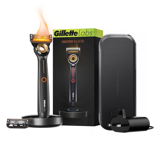 Gillette Heated Razor for Men, Deluxe Travel Shave Kit by GilletteLabs, 1 Handle, 2 Blade Refills, Charging Dock, Case
