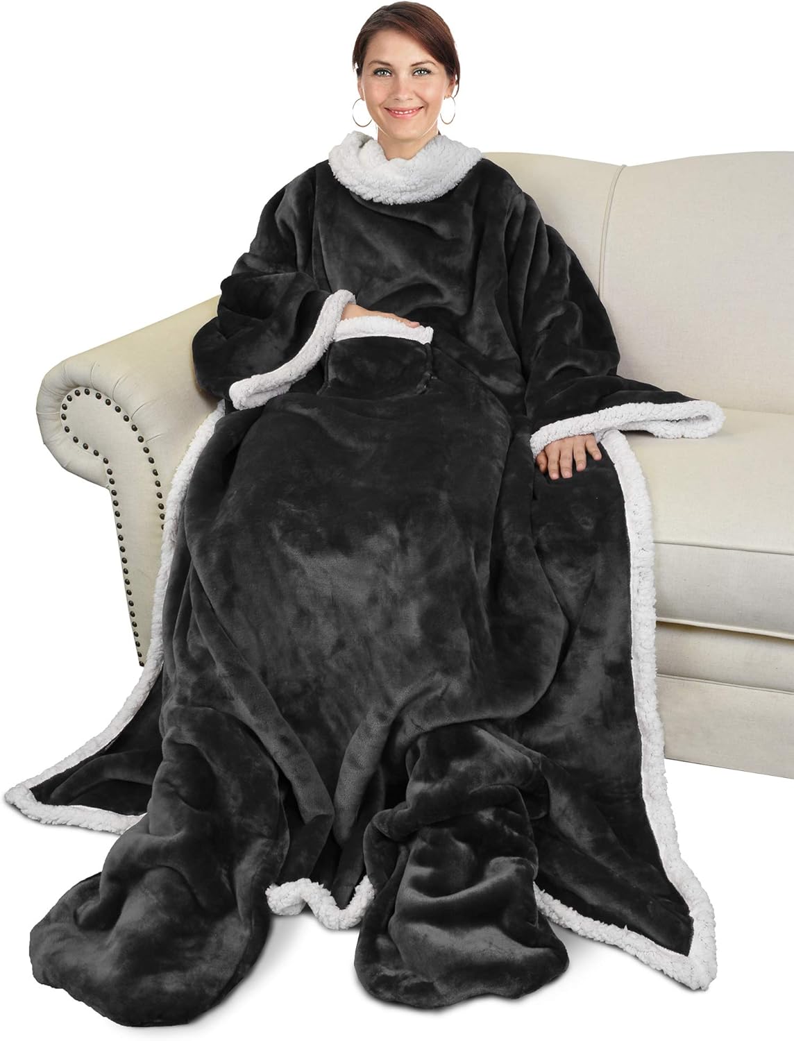 Catalonia Sherpa Wearable Blanket with Sleeves & Foot Pockets for Adult Women Men, Comfy Snuggle Wrap Sleeved Throw Blanket Robe, Gift Idea, Black