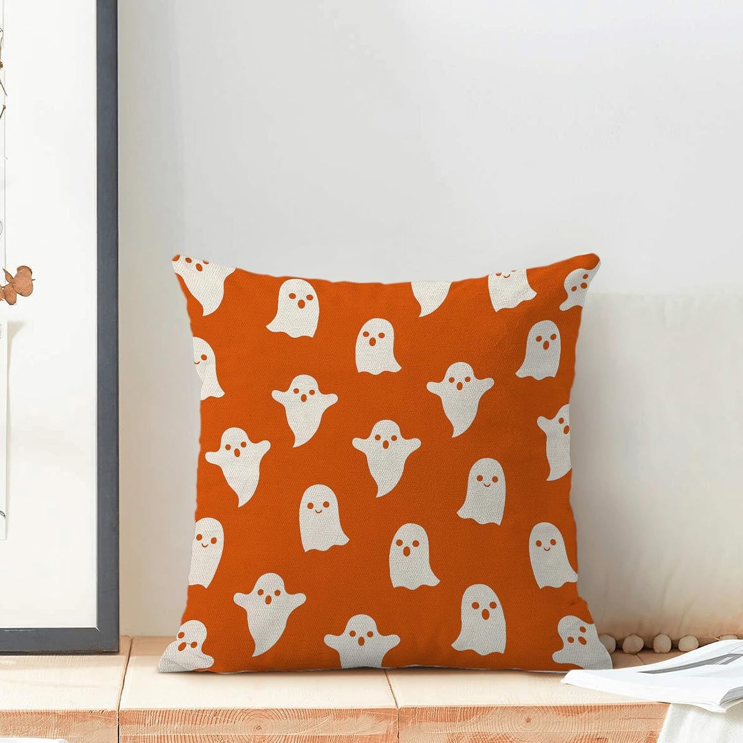Halloween Pillow Covers Set of 2 - 18x18 Orange Cute Ghost Throw Pillow Covers for Decorative Linen Cushion Case for Home Couch Sofa Outdoor Decor