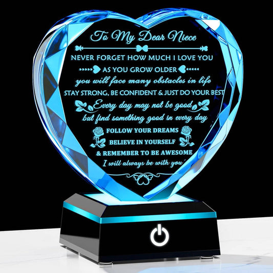 Niece Gifts from Auntie Uncle with Colorful LED Base, Inspirational Birthday Graduation Gifts for Niece from Aunt, Heart Crystal keepsake To My Nieces Present on Christmas