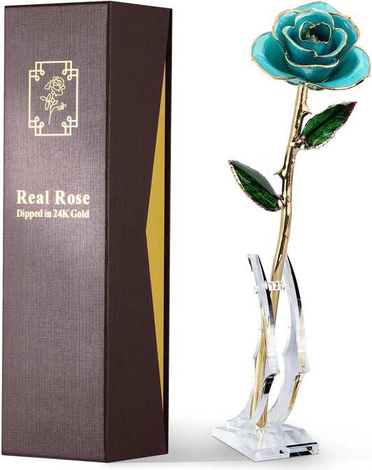 Eco Space 24K Gold Dipped Real Rose – Handcrafted, One of a Kind Gift – Timeless Romantic Present for Birthday, Valentine’s, Mother’s Day, Anniversary (Turquoise Blue)
