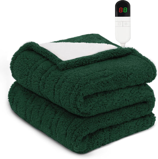MAXEVE Heated Blanket Electric Throw 50"x60" Soft Double Sided Sherpa Heating Blanket with 8 Fast Heating Levels & 1-8H Auto-Off,Over-Heat Protection,Machine Washable,ETL Certification, Green