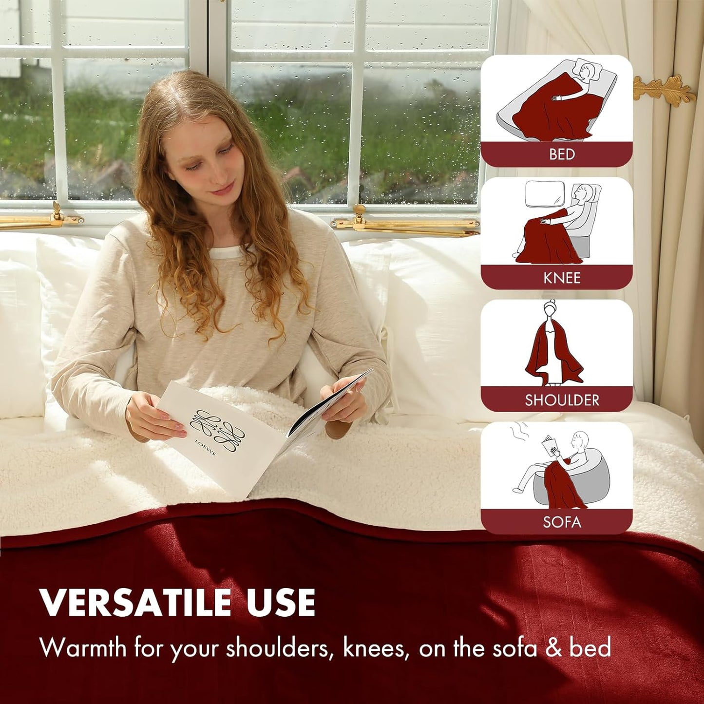Electric Heated Throw Blanket 50" x 60" - Soft Flannel Sherpa Electric Heated Blanket with 5 Heating Levels & 4 Hours Auto Off, Heating Blanket as a Gift for Grandma, Machine Washable (Red)