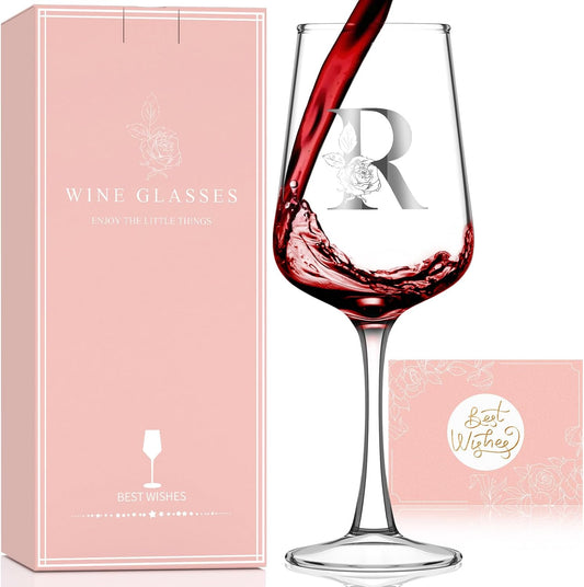Monogrammed Wine Glass Gifts for Women - Personalized A-Z Wine Glasses with Gift Box & Greeting Card | Custom Mothers day, Anniversary, Birthday Gifts for Her, Mom, Wife, Best Friend, Sister,Woman (R)