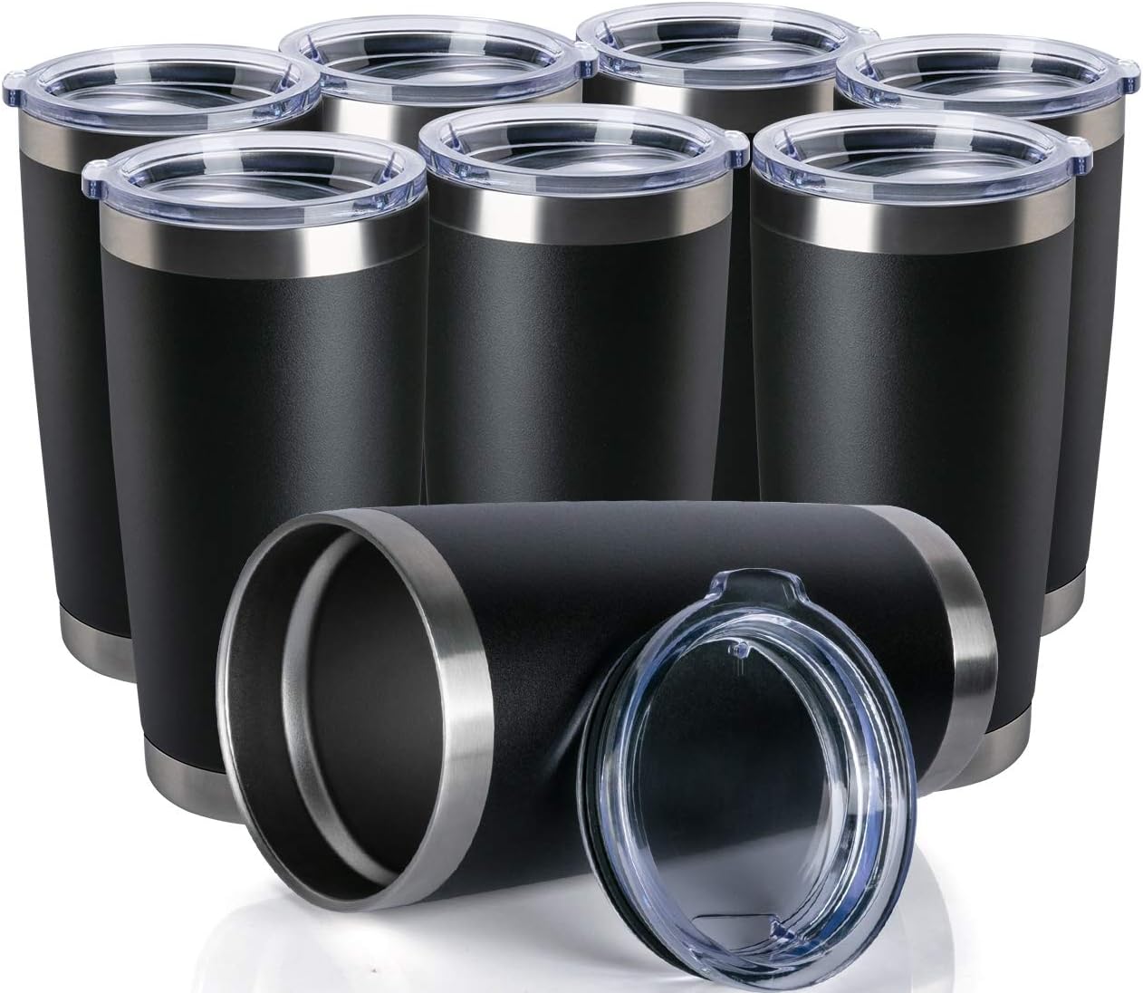 8 pack 20 OZ Double Wall Stainless Steel Vacuum Insulated Tumbler Coffee Travel Mug With Lid, Durable Powder Coated Insulated Coffee Cup for Cold & Hot Drinks (Black, 8 pack)