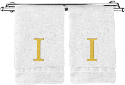 Monogrammed Hand Towel, Personalized Gift, Set of 2- Gold Block Letter Embroidered Towel - Extra Absorbent 100% Turkish Cotton - Soft Terry Finish - Initial I White