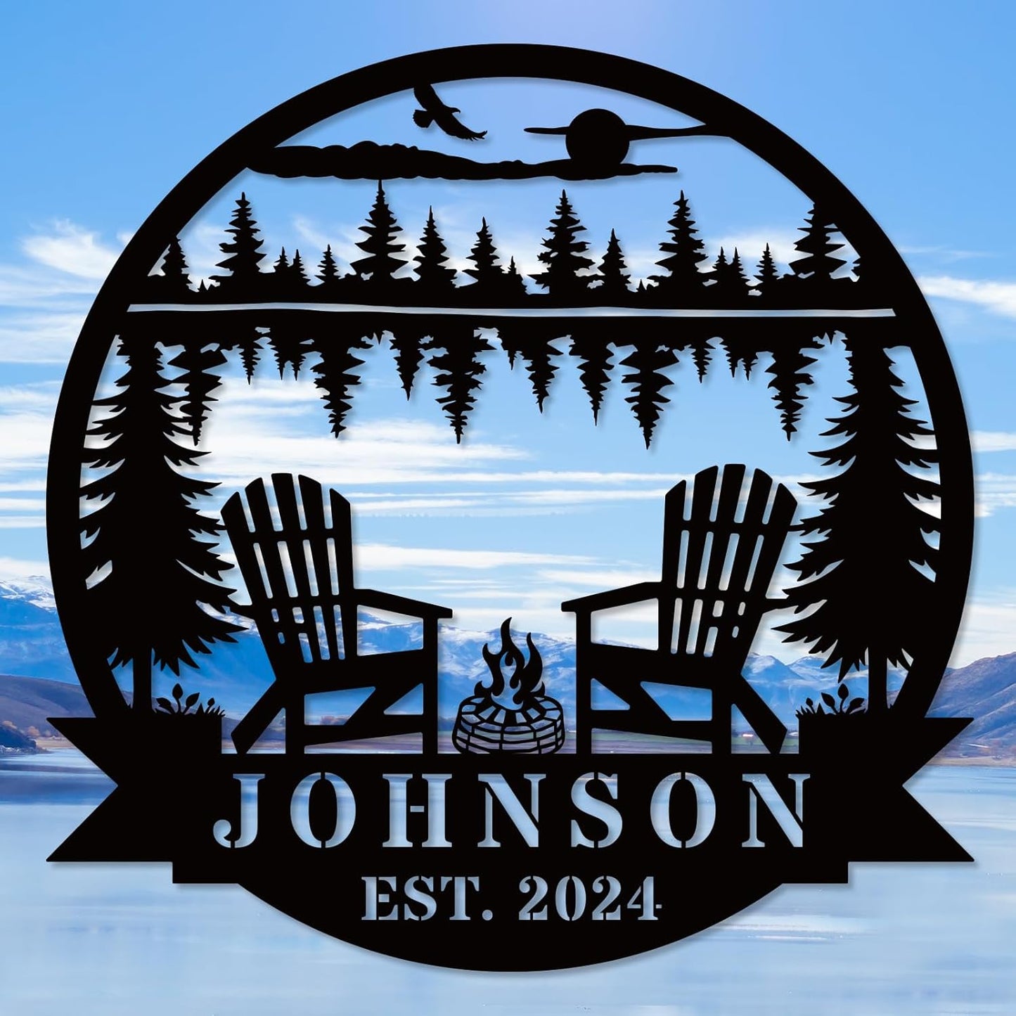 Custom Campfire Metal Name Sign, Campsite Custom Metal Family Name Sign, Campsite Monogram Forest, Personalized Camping Gifts Fire Pit Camper Lover Gift