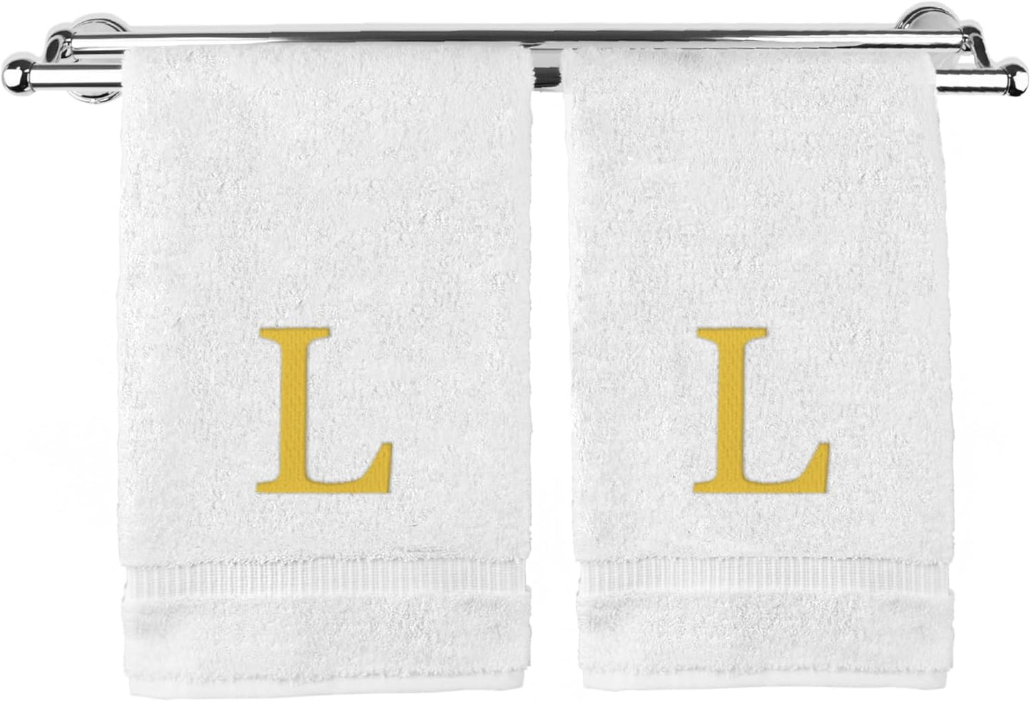 Monogrammed Hand Towel, Personalized Gift, Set of 2- Gold Block Letter Embroidered Towel - Extra Absorbent 100% Turkish Cotton - Soft Terry Finish - Initial L White
