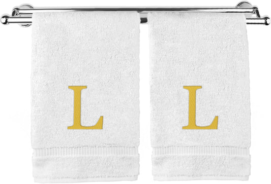 Monogrammed Hand Towel, Personalized Gift, Set of 2- Gold Block Letter Embroidered Towel - Extra Absorbent 100% Turkish Cotton - Soft Terry Finish - Initial L White