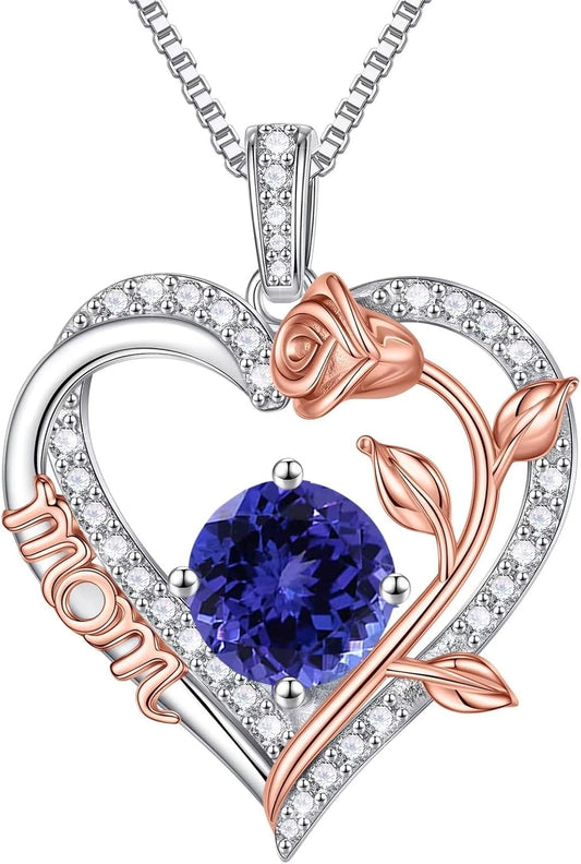 Iefil Gifts for Mom - 925 Sterling Silver Rose Round Birthstone Necklace Christmas Birthday Gifts Jewelry for Her Heart Pendant Necklace for Women Bonus Mom Mother in Law