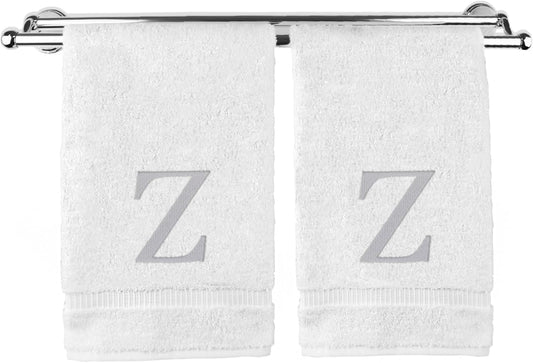 Monogrammed Hand Towel, Personalized Gift, Set of 2- Silver Block Letter Embroidered Towel - Extra Absorbent 100% Turkish Cotton - Soft Terry Finish - Initial Z White