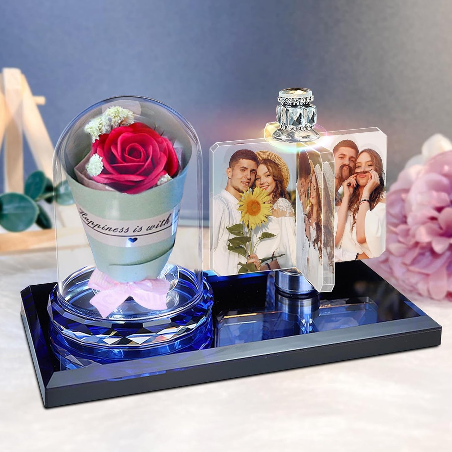 Personalized 4 photo rotating windmill light crystal light LED night light photo frame birthday friend gift car decoration,Rectangle-rose-Red